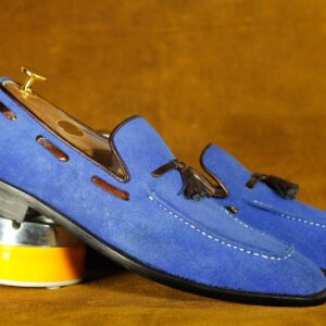 Handmade Blue Suede Tussles Shoes' Men's Formal Shoes