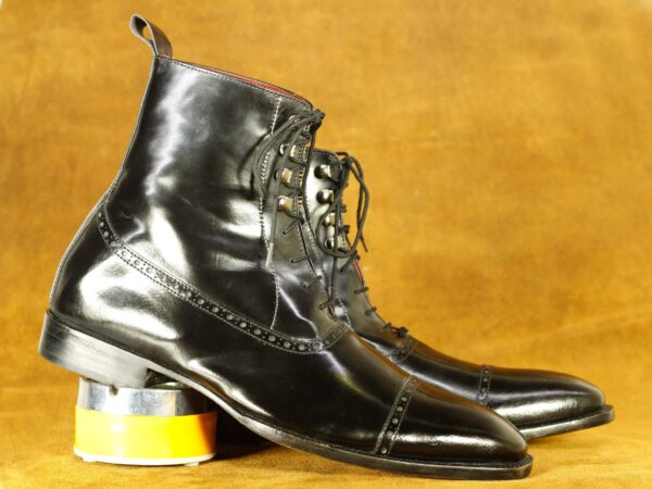 Handmade Lace Up Cap Toe Black Ankle Boot For Men's