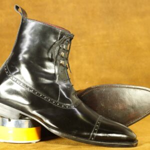 Handmade Lace Up Cap Toe Black Ankle Boot For Men's