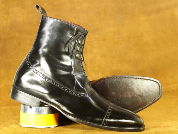 Handmade Lace Up Cap Toe Black Ankle Boot For Men's