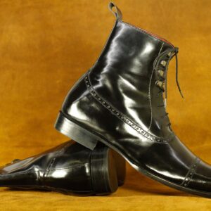 Handmade Lace Up Cap Toe Black Ankle Boot For Men's