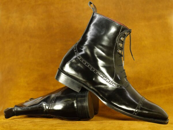 Handmade Lace Up Cap Toe Black Ankle Boot For Men's