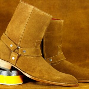 Handmade Brown Ankle High Madrid Strap Suede Boot, Man's Formal Boot