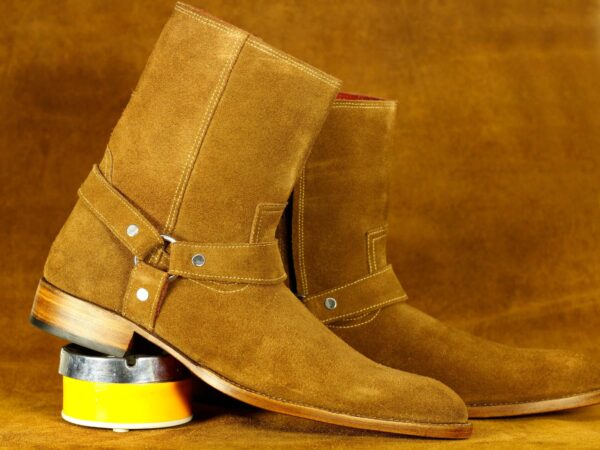 Handmade Brown Ankle High Madrid Strap Suede Boot, Man's Formal Boot