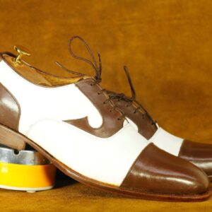 Handmade White & Brown Leather Cap Toe Lace Up Shoes , Men's dress Shoes