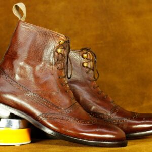 Handmade Brown Wing Tip High Ankle Brogue Lace Up Leather Boots, Men's Oxford Boots