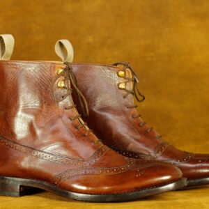 Handmade Brown Wing Tip High Ankle Brogue Lace Up Leather Boots, Men's Oxford Boots