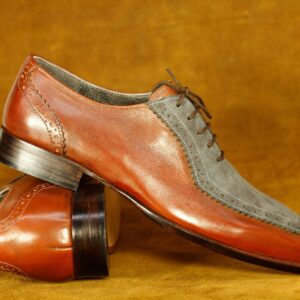 Handmade Grey & Burgundy Square Toe Shoes , Men's Dress Leather Shoes