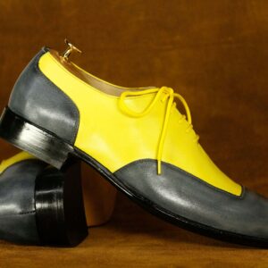 Two Tone Gray Yellow Leather Lace Up Shoes For Men's