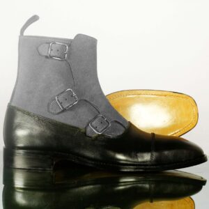 Bespoke Black & Gray Leather Suede Ankle High Cap Toe Buckle Boot - leathersguru