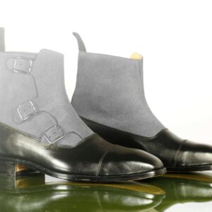 Bespoke Black & Gray Leather Suede Ankle High Cap Toe Buckle Boot - leathersguru