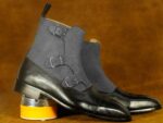 Handmade Boot Black Grey Leather Suede Triple Monk Strap For Men's