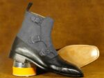 Handmade Boot Black Grey Leather Suede Triple Monk Strap For Men's