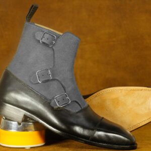 Handmade Boot Black Grey Leather Suede Triple Monk Strap For Men's