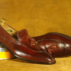 Handmade Cognac Split Toe Tussle Leather Shoes Men's Dress Shoes