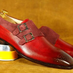 Handmade Burgundy Double Monk brogue Leather Shoes, Men's Fashion Shoes