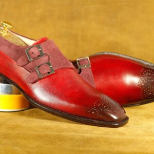 Handmade Burgundy Double Monk brogue Leather Shoes, Men's Fashion Shoes