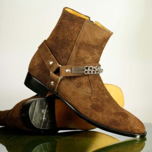 Side Zip Brown Madid Strap Suede Ankle Boots For Men's