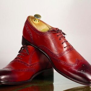 Handmade Burgundy Lace Up Wing Tip Leather Men's Shoes