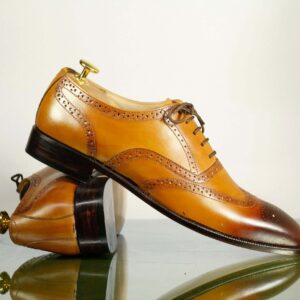 Handmade Tan Lace Up Leather Brogue Toe Men's Shoes