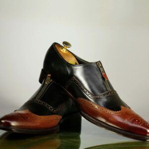 Handmade Brown Black Leather Zipper Shoes For Men's Party Shoes