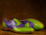 Bespoke Green Purple Wing Tip Lace Up Leather Shoes For Men