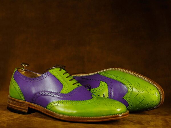 Bespoke Green Purple Wing Tip Lace Up Leather Shoes For Men