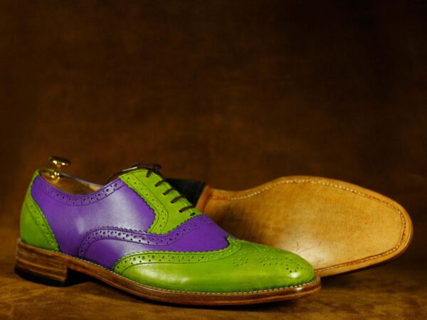 Bespoke Green Purple Wing Tip Lace Up Leather Shoes For Men