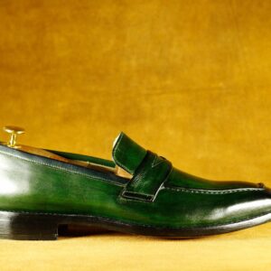 Men's Leather Green Penny Loafer Shoes,Hand Painted Party Shoes