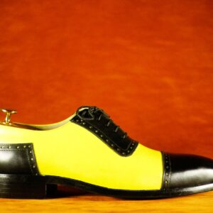 Bespoke Black Yellow Cap Toe Lace Up Leather Shoes,Men's Party Shoes