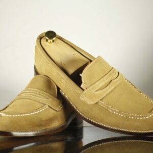 Bespoke Beige split toe Penny Loafer Leather Shoe for Men - leathersguru