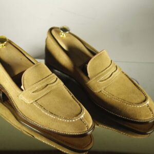 Bespoke Beige split toe Penny Loafer Leather Shoe for Men - leathersguru