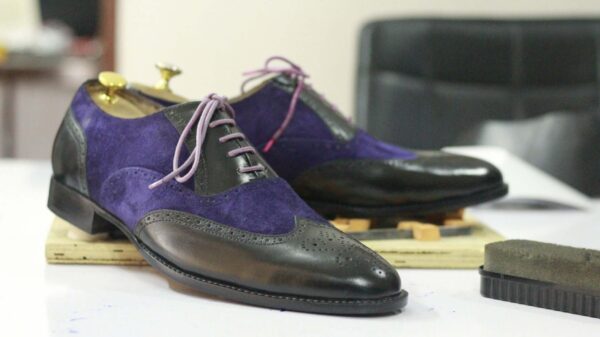 Handmade Black & Blue Wing Tip Brogue Leather Suede Shoes, Men's Formal Shoes