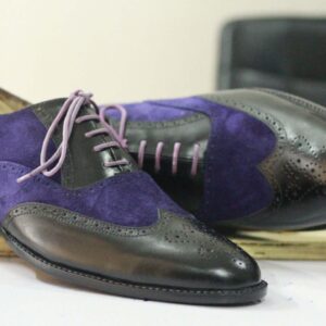 Handmade Black & Blue Wing Tip Brogue Leather Suede Shoes, Men's Formal Shoes