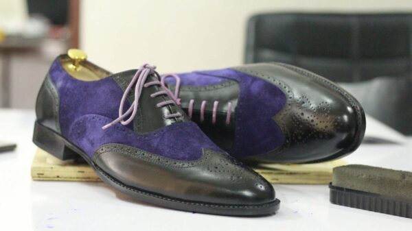 Handmade Black & Blue Wing Tip Brogue Leather Suede Shoes, Men's Formal Shoes
