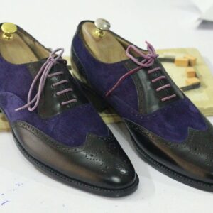 Handmade Black & Blue Wing Tip Brogue Leather Suede Shoes, Men's Formal Shoes