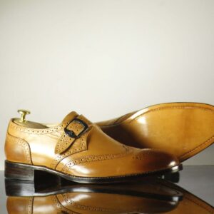 Handmade Tan Wing Tip Monk Straps Leather Shoes for Men - leathersguru