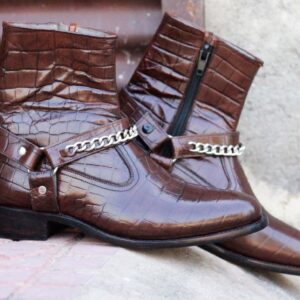 Bespoke Brown Madrid Strap Side Zip Alligator Leather Ankle Boot,For Men's