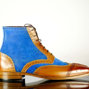 Bespoke Men's Two Tone Leather Suede Wing Tip Brogue Boots - leathersguru