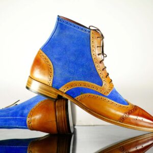 Bespoke Men's Two Tone Leather Suede Wing Tip Brogue Boots - leathersguru