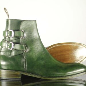 Handmade Green Leather Ankle High Buckle Up Boots - leathersguru