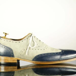 Men's Blue Gray Leather Suede Lace Up Shoes,Handmade Dress Shoes