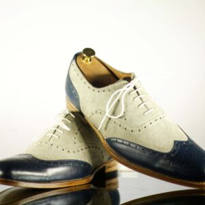 Men's Blue Gray Leather Suede Lace Up Shoes,Handmade Dress Shoes