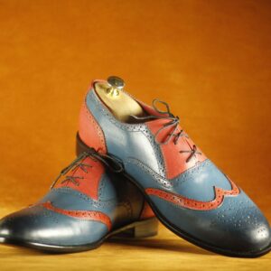 Bespoke Blue Burgundy Leather  Lace Up Shoes,Men's Party Shoes