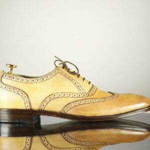 Beige Leather  Men's Shoes,Wing Tip Brogue Style Shoes