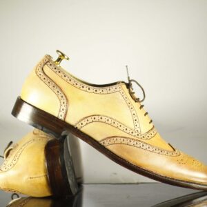 Beige Leather  Men's Shoes,Wing Tip Brogue Style Shoes