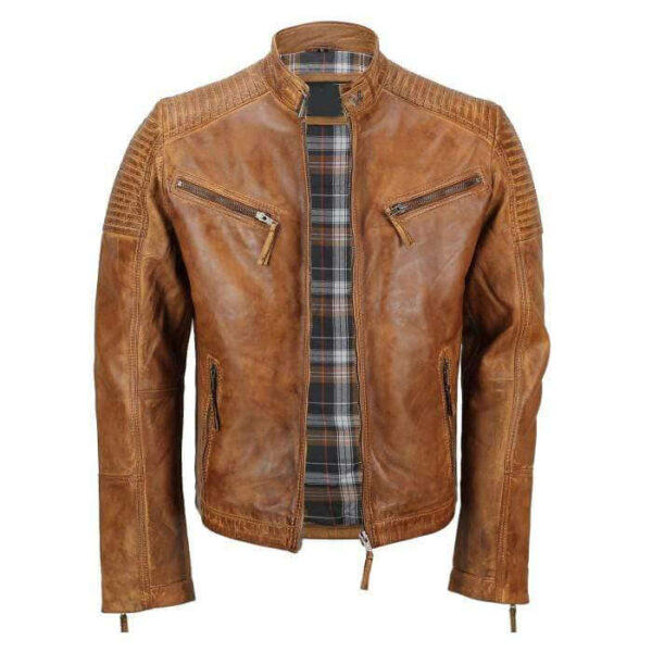 Men's Tan Vintage Biker Style Waxed Sheep Skin Fashion Jacket - leathersguru