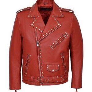 Handmade Men's Style Studded Brando Red Magnificent Leather Jacket