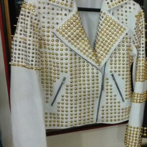 Man White Leather Jacket, Steampunk Golden Studded Punk Jacket