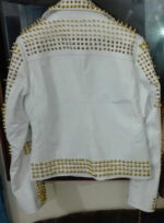 Man White Leather Jacket, Steampunk Golden Studded Punk Jacket